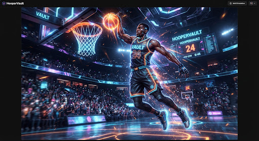 A highly detailed illustration of a fictional, futuristic basketball player mid-dunk with dramatic stadium lighting.